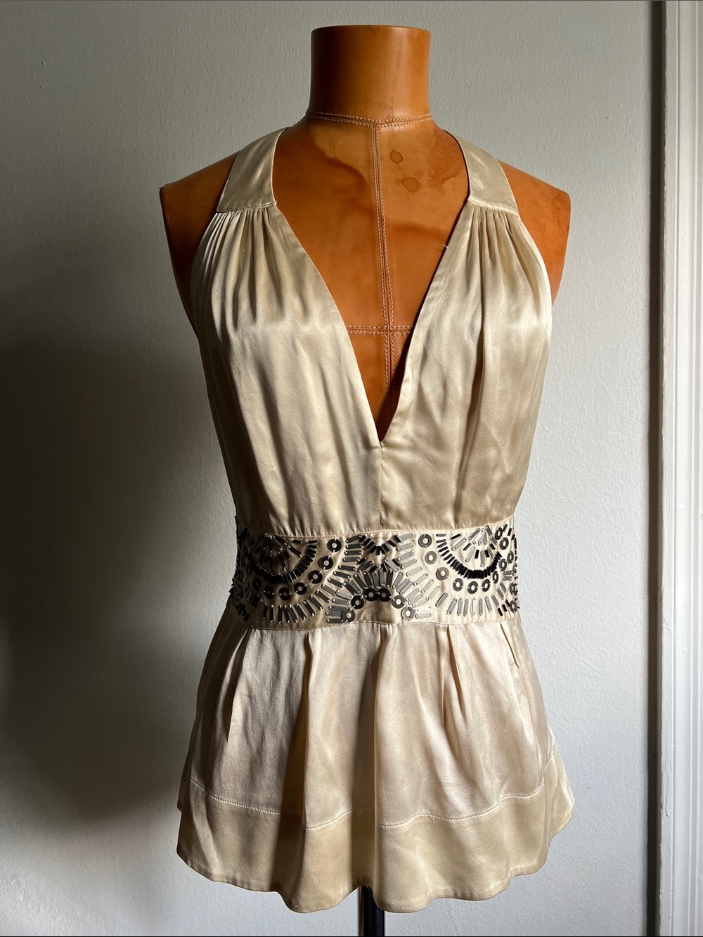 Y2K Women's Silk Cream Halter Beaded Waist Top Guess by Marciano